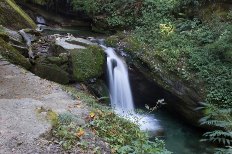 A serene waterfall cascades into a tranquil emerald pool surrounded by lush greenery and moss-covered rocks.