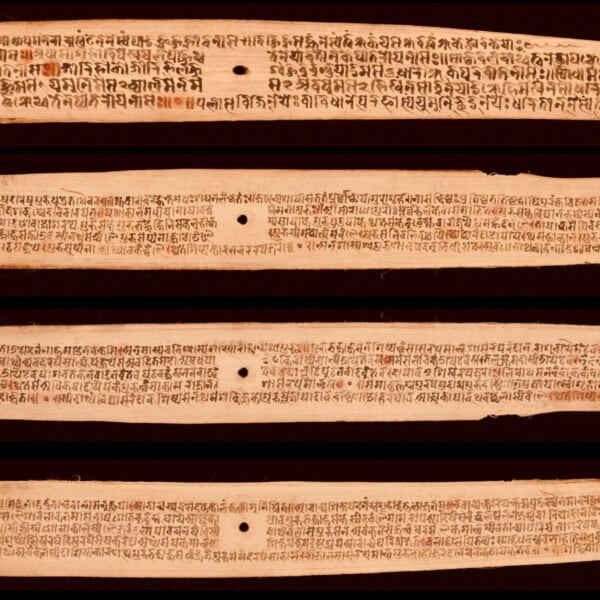 Four ancient manuscript pages made of palm leaves with Asian script, displayed horizontally with holes for string binding, against a dark background.
