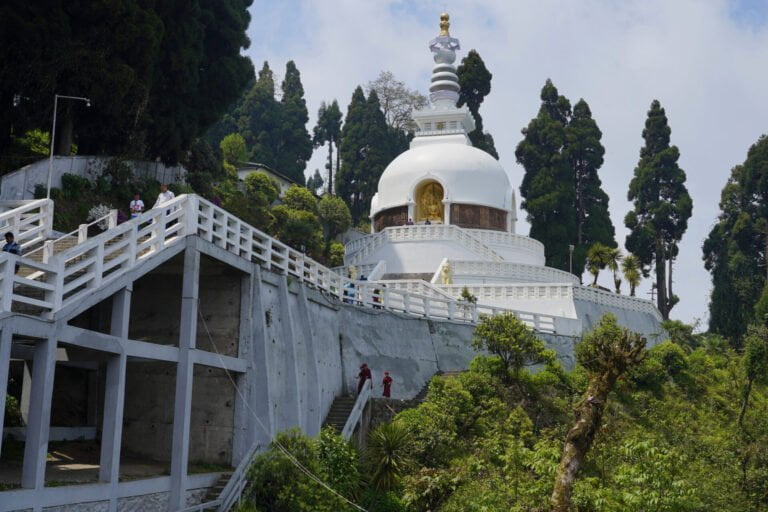 A white Buddhist stupa with ornate gold detailing nestled among lush greenery on a hillside, with visitors ascending a staircase to the site.