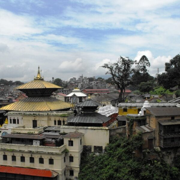 Alt text: A panoramic view of a traditional Nepalese temple complex with distinctive multi-tiered pagoda-style roofs and golden spires, nestled within an urban landscape under a cloudy sky.