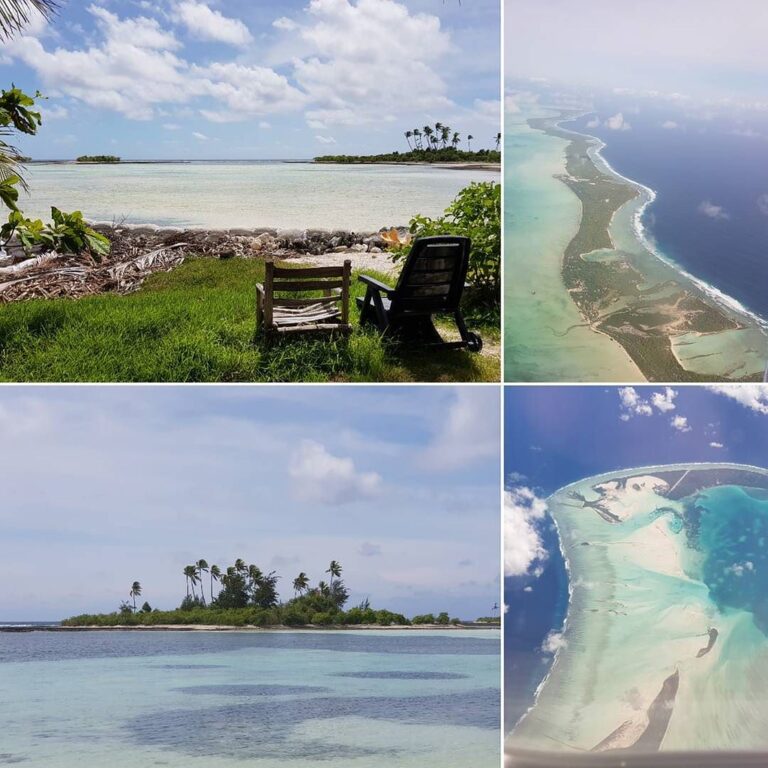 A collage of three tropical island images featuring clear blue waters, palm trees, and sandy shores. Top left shows a wooden bench and plastic chair on a beach facing a serene lagoon. Top right is an aerial view of a slender atoll strip with contrasting deep and shallow waters. Bottom picture displays a close-up view of a small, palm-covered islet surrounded by crystal-clear shallow water.