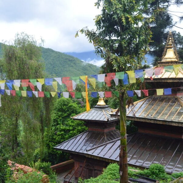 Traditional Nepalese pagoda-style temple roofs with golden spires, adorned with colorful prayer flags, set against a backdrop of lush green mountains shrouded in mist.