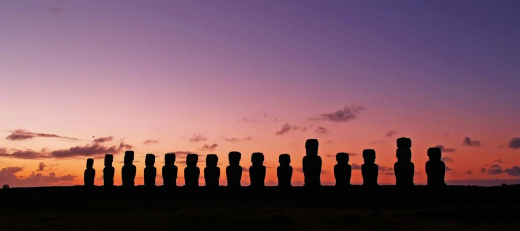 Panoramic Shot of Moai During Sunset