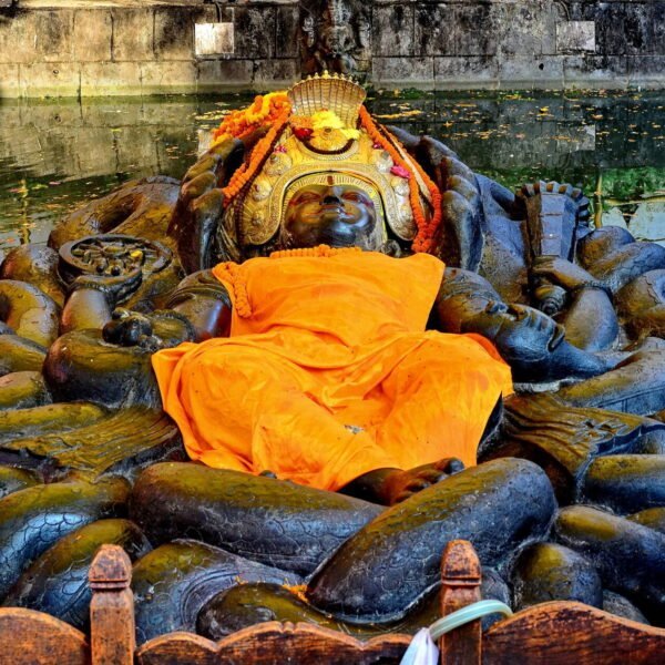 A statue of a Hindu deity reclining on a serpent, adorned with orange cloth and floral garlands, partially submerged in water with leaves floating on the surface.