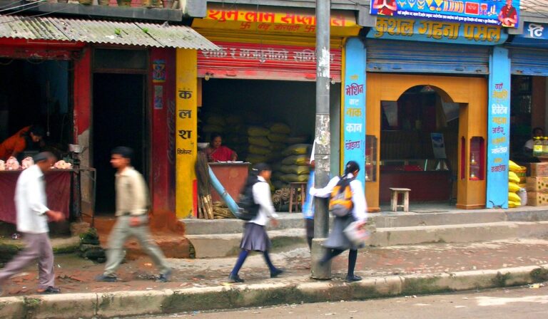 Vibrant street scene with people walking past colorful storefronts displaying Nepali script, suggesting a location in Nepal.