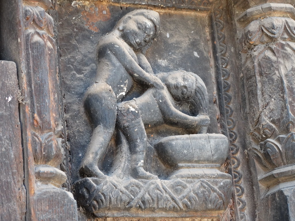 Erotic Woodwork with Woman Washing Hair - Dattatreya Temple - Tachupal Tole - Bhaktapur - Nepal