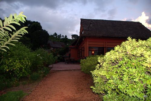 A traditional thatched-roof house illuminated at dusk, with a gravel path leading up to it, flanked by lush greenery.