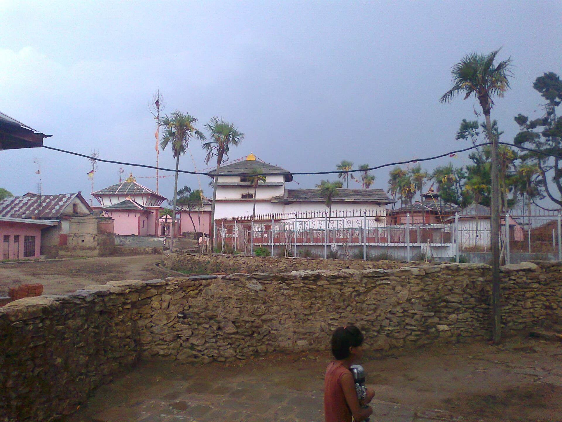 A person standing in front of a walled compound that includes a pink-hued temple with tiered roofs and flag-topped spires, surrounded by various trees under a cloudy sky.
