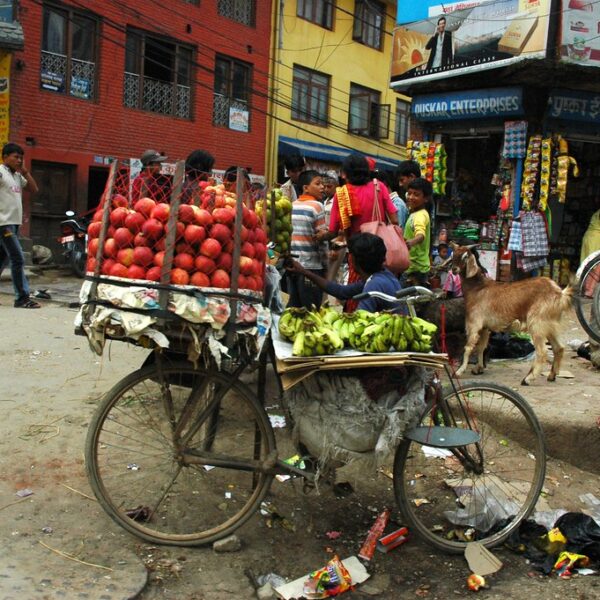 A bustling street market scene with vendors selling fruit from bicycles, a stray goat wandering among scattered litter, and people engaged in commerce in front of colorful storefronts.