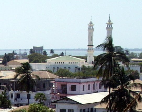 A coastal town with buildings and palm trees, featuring a prominent mosque with two minarets against a clear sky.