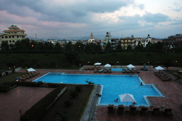 A twilight view of an outdoor swimming pool at a luxury hotel with lounge chairs and umbrellas, overlooked by a city with buildings against a cloudy sky.