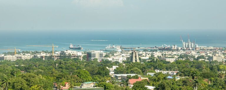 Panoramic view of a coastal cityscape with dense greenery in the foreground, multiple buildings in the middle, and the ocean with ships and cranes visible in the background under a hazy sky.
