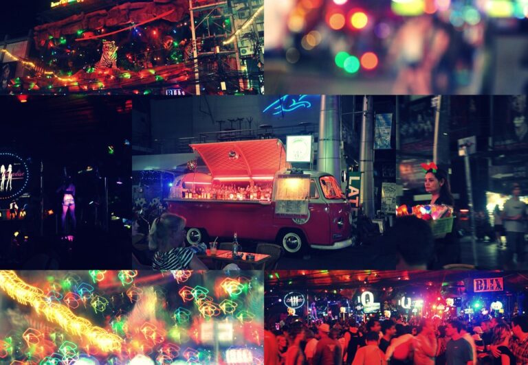 A collage of vibrant nightlife scenes with colorful lights, including a decorated bar with a tiger motif, a bokeh of lights, a retro van serving as a bar with a female attendant, and a lively crowd with neon light trails.
