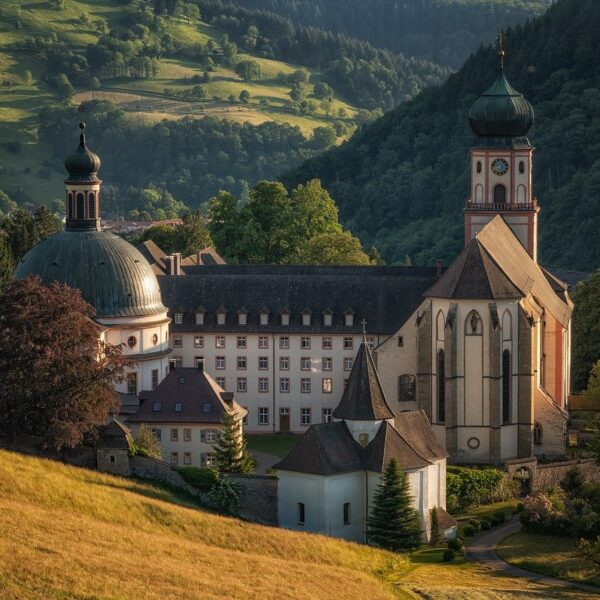 A majestic old monastery with a large green dome and bell towers, nestled in a lush valley with rolling green hills and forested slopes in the background, illuminated by the warm light of the setting sun.