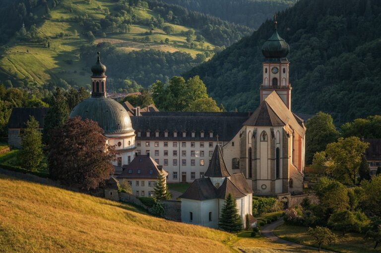 A majestic old monastery with a large green dome and bell towers, nestled in a lush valley with rolling green hills and forested slopes in the background, illuminated by the warm light of the setting sun.
