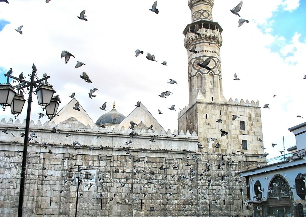 A historic stone mosque with a tall minaret, surrounded by flying pigeons, against a cloudy sky. A street lamp is visible to the left.