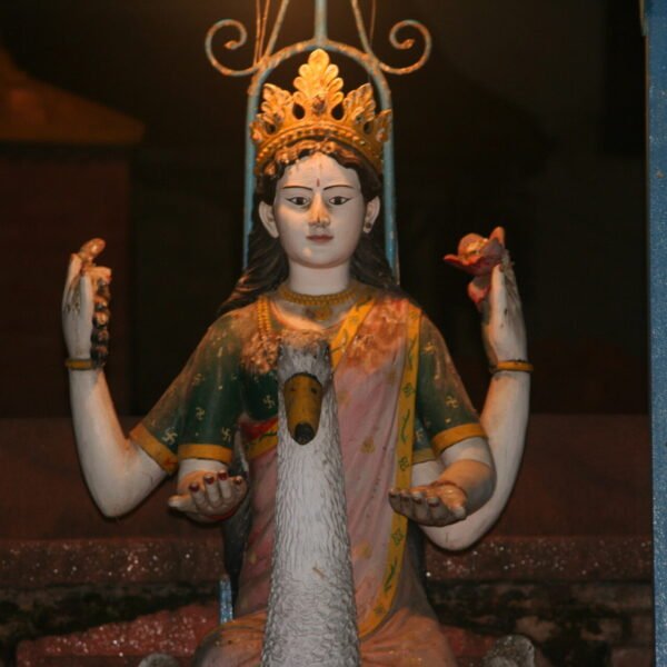 Statue of a four-armed deity with a white cow head centerpiece, holding objects in each hand, crowned and framed by a blue metallic structure, set against a shadowy background.