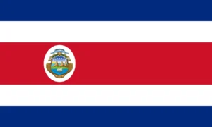 Flag of Costa Rica with horizontal blue, white, and red stripes and the national coat of arms in the center.