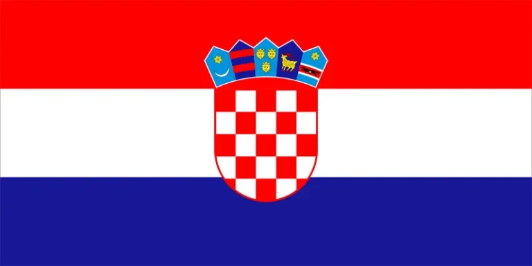 Flag of Croatia with horizontal bands of red, white, and blue, and the coat of arms with a checkered shield and five crowns in a semicircle at the top center.