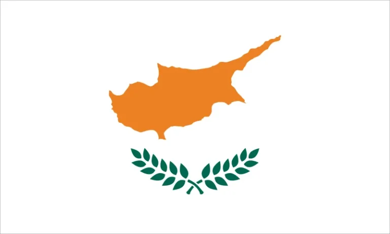 A flag featuring a silhouette of Cyprus in orange above two olive branch leaves in green, centered on a white background.