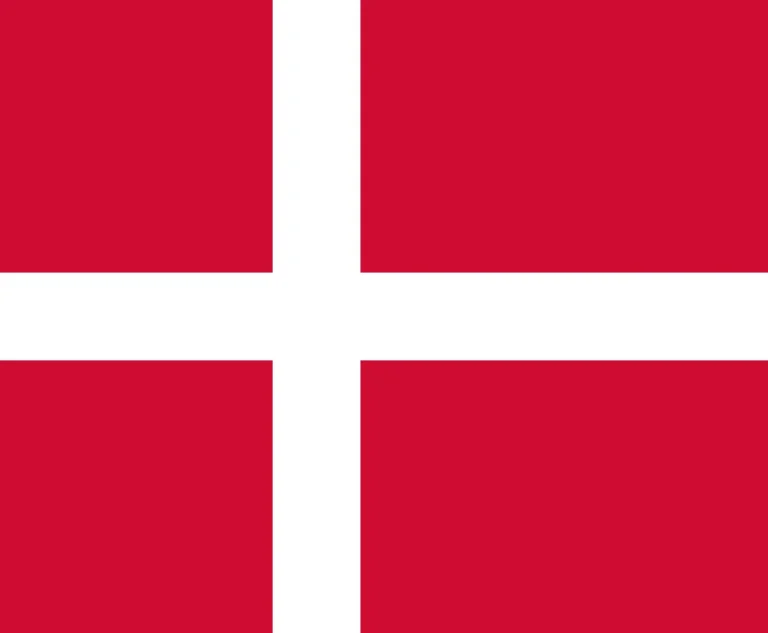 Flag of Denmark, consisting of a white Scandinavian cross that extends to the edges of the flag on a red background.