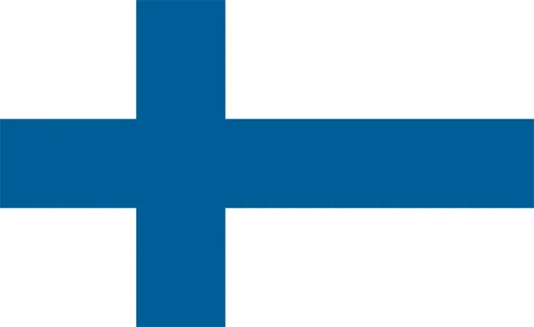 Flag of Finland with a blue Nordic cross on a white background.