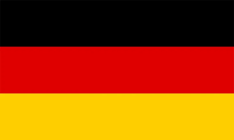 The flag of Germany with three horizontal stripes of black, red, and gold from top to bottom.