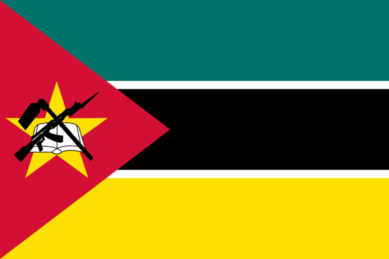 Flag of Mozambique featuring horizontal stripes of green, black bordered by white stripes, and yellow, with a red triangle on the left side containing a yellow star, a book, a hoe, and an AK-47 with a bayonet.