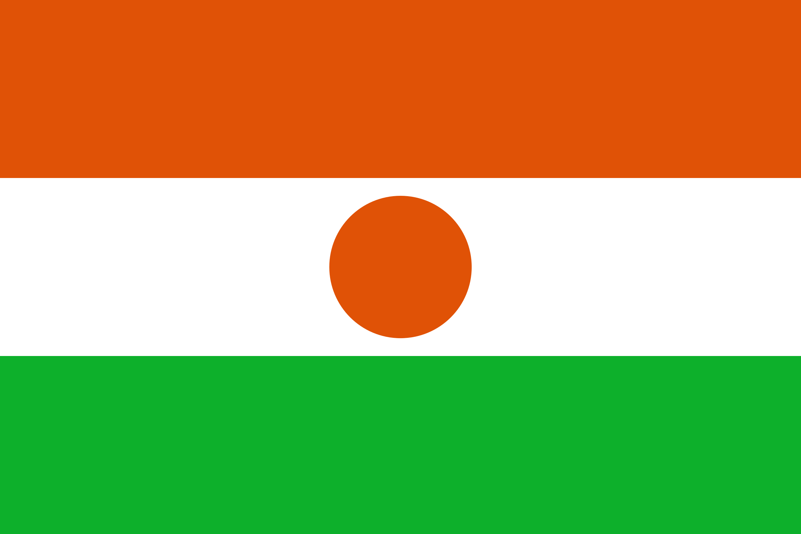 The flag of Niger, consisting of three horizontal stripes of orange, white, and green, with an orange circle in the middle of the white stripe.