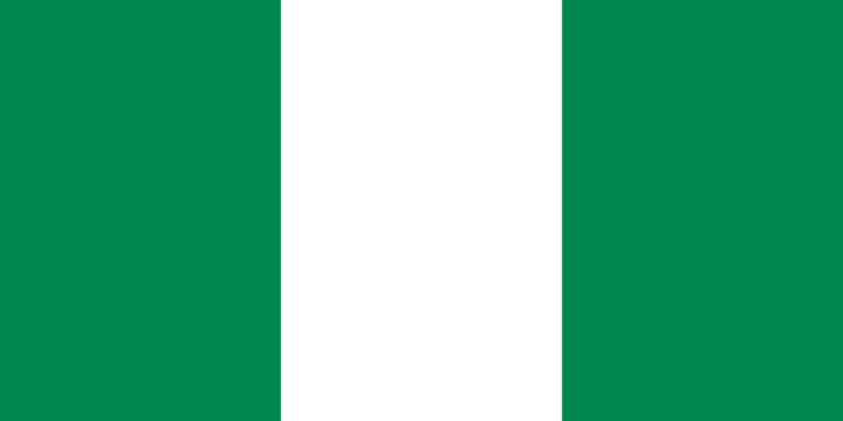 The flag of Nigeria is displayed, consisting of three vertical stripes with the outer ones being green and the central one white.