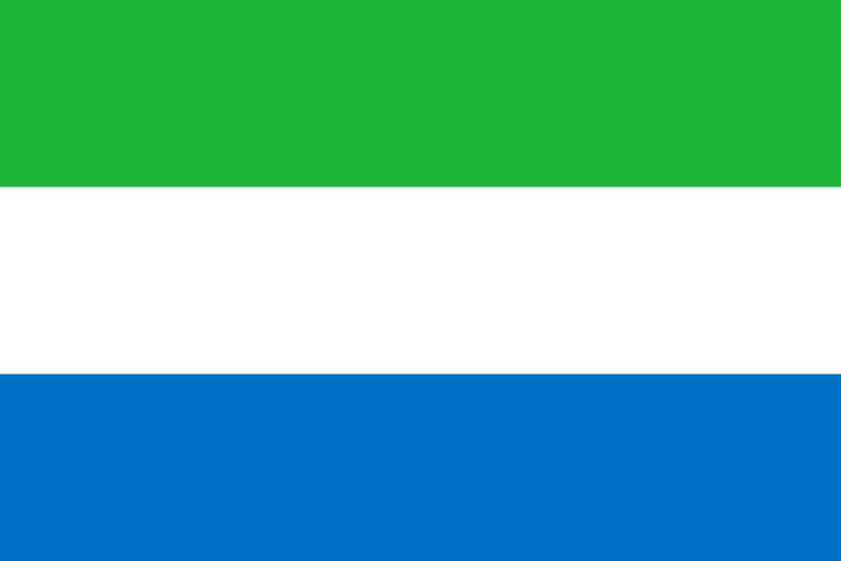 Alt text: The flag of Sierra Leone, consisting of three horizontal stripes of green, white, and blue from top to bottom.