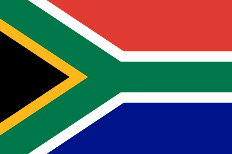 The flag of South Africa featuring horizontal bands of red, green, and blue, separated by narrower white stripes, and a black triangle at the hoist side with a central yellow-bordered green Y-shape that divides into a horizontal arm extending to the fly-side corners.
