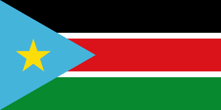 The flag of South Sudan consisting of a horizontal tricolor of black, red, and green; with a white fimbriation dividing the three bands. On the hoist side is a blue triangle with a gold star.