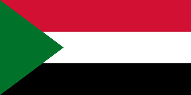 Flag of Sudan featuring a horizontal red-white-black tricolor with a green triangle at the hoist.