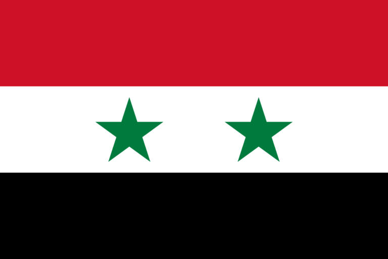 The flag of Syria, consisting of three horizontal stripes of red, white, and black, with two green stars in the center white stripe.