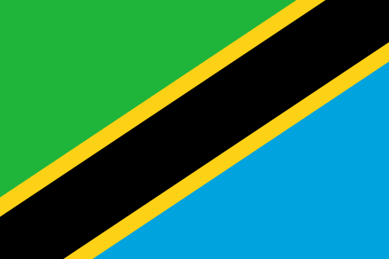 Flag of Tanzania with green, yellow, black, and blue diagonal stripes.