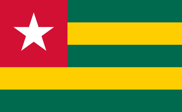 Flag of Togo consisting of five horizontal stripes alternating green and yellow, with a red square at the hoist side bearing a white five-pointed star.