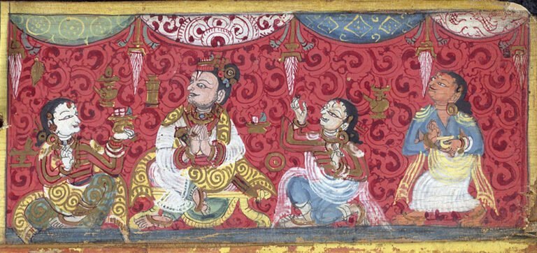 A traditional Indian miniature painting depicting three figures in royal attire against a red patterned background with a decorative upper border.