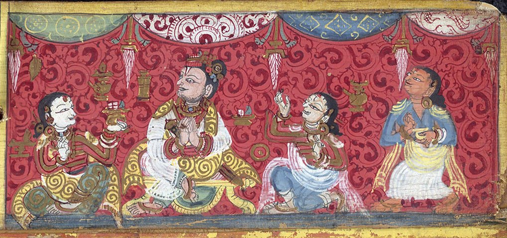 A traditional Indian miniature painting depicting three figures in royal attire against a red patterned background with a decorative upper border.