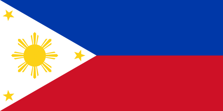 The flag of the Philippines, featuring a horizontal bicolor of blue over red with a white equilateral triangle at the hoist side containing a golden sun with eight rays and three five-pointed stars at each vertex of the triangle.