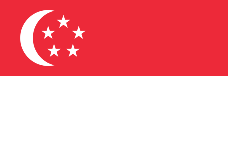 Flag of Singapore: a horizontal bicolour with red above white; on the red band, a white crescent moon facing a circle of five white stars arranged in a circle.