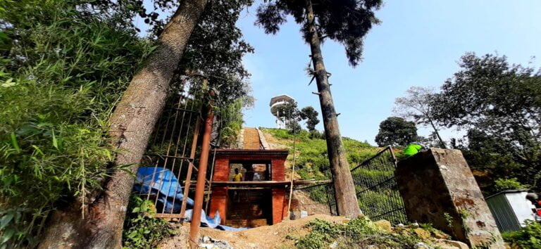 A lush green hillside with a red brick structure with an open front, flanked by tall trees and a metal gate. A water tower stands in the background atop the hill.