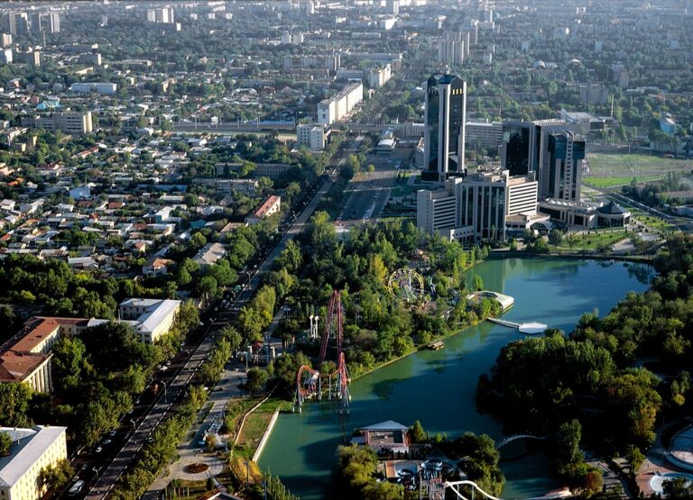 Aerial view of a cityscape with modern high-rise buildings next to a green park with a lake and an amusement park, surrounded by a residential area with dense housing and tree-lined streets.