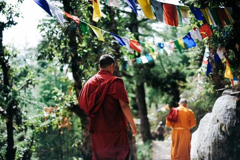 Two Buddhist monks in traditional robes walking along a path lined with colorful prayer flags in a forested area.