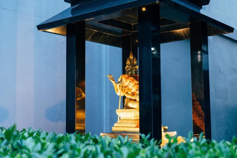 A golden Buddha statue housed in a modern black pavilion with a blue wall background, surrounded by green foliage.