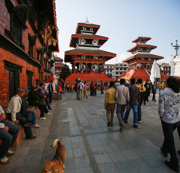 People walking and sitting around an open square with traditional multi-tiered buildings in the background and a dog in the foreground.