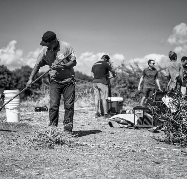 Black and white photo of a person raking the ground in the foreground, with several other people working on clearing brush and debris in the background, all under a cloudy sky.