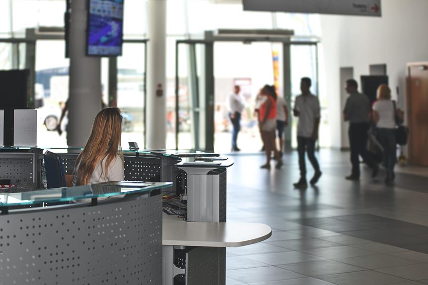 Reception area of a modern building with a female receptionist working at a desk and people walking in the background.