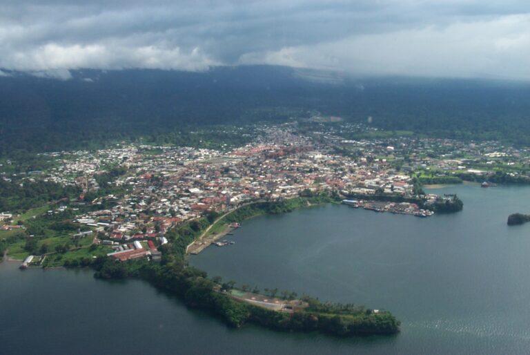 Aerial view of a coastal town with dense building clusters, bordered by a large body of water, under a cloudy sky.