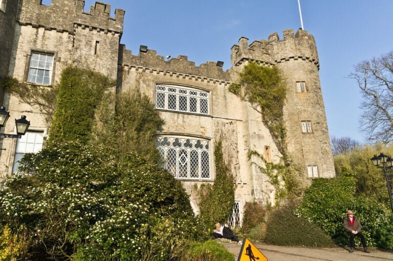A medieval castle with ivy-covered walls, ornate windows, and a tower under a blue sky; flowering shrubs in the foreground with people nearby, one sitting and one standing, next to a caution sign on the path.